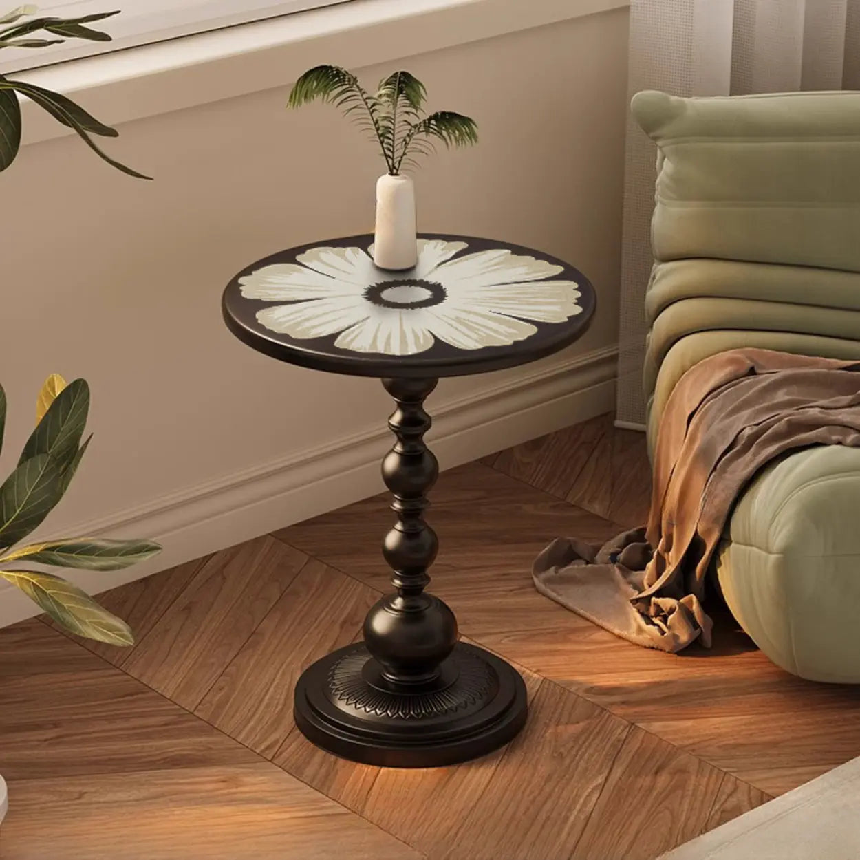 Vintage Artistic Pattern Black Wood Side Table — White