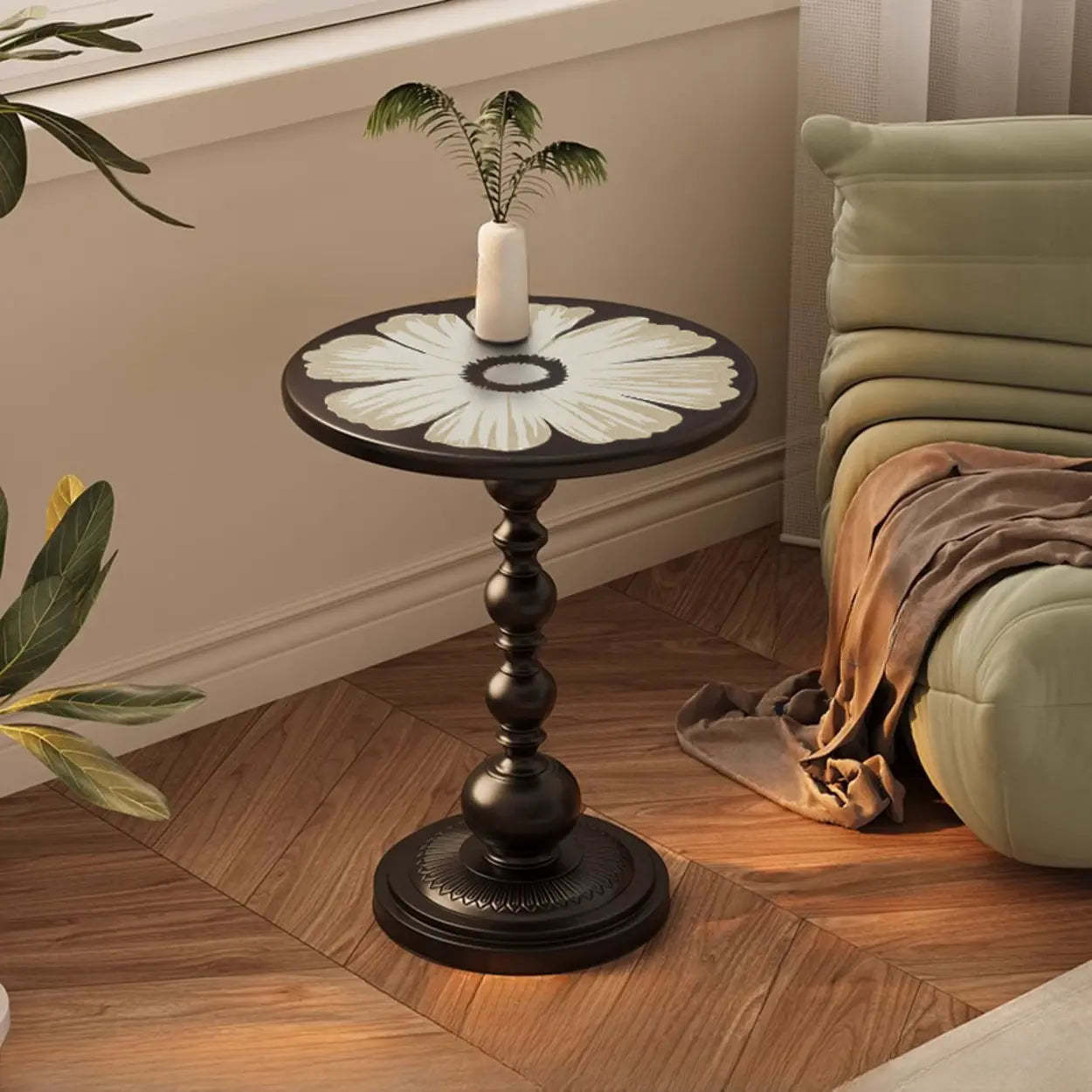 Vintage Artistic Pattern Black Wood Side Table — White