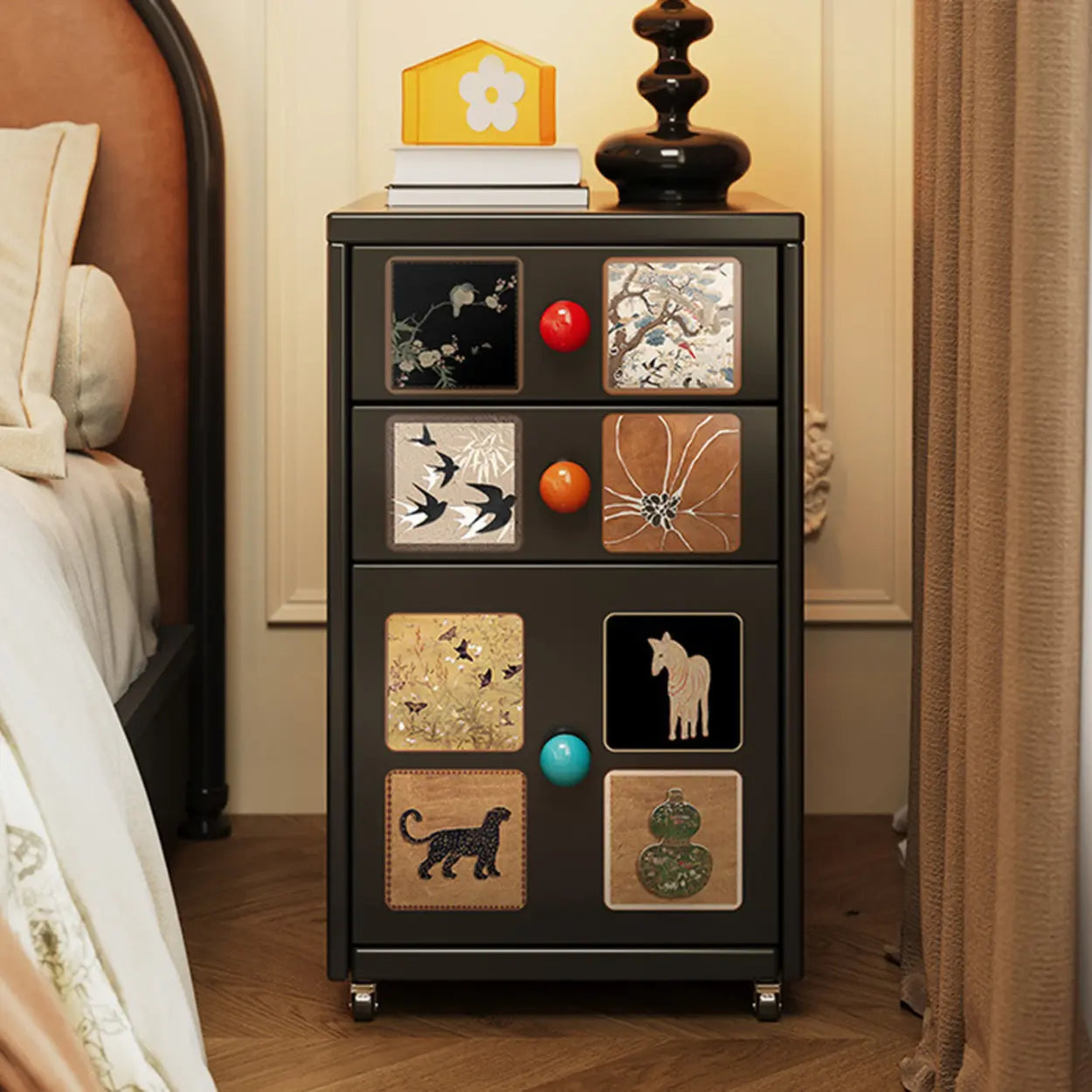 Vintage Black Art Pattern Metal Nightstand on Casters