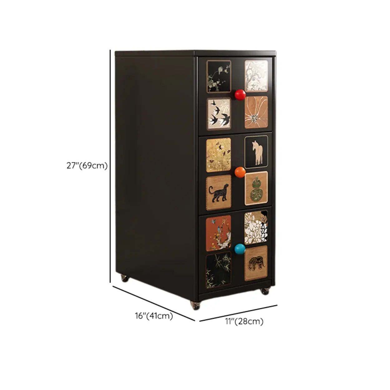 Vintage Black Art Pattern Metal Nightstand on Casters