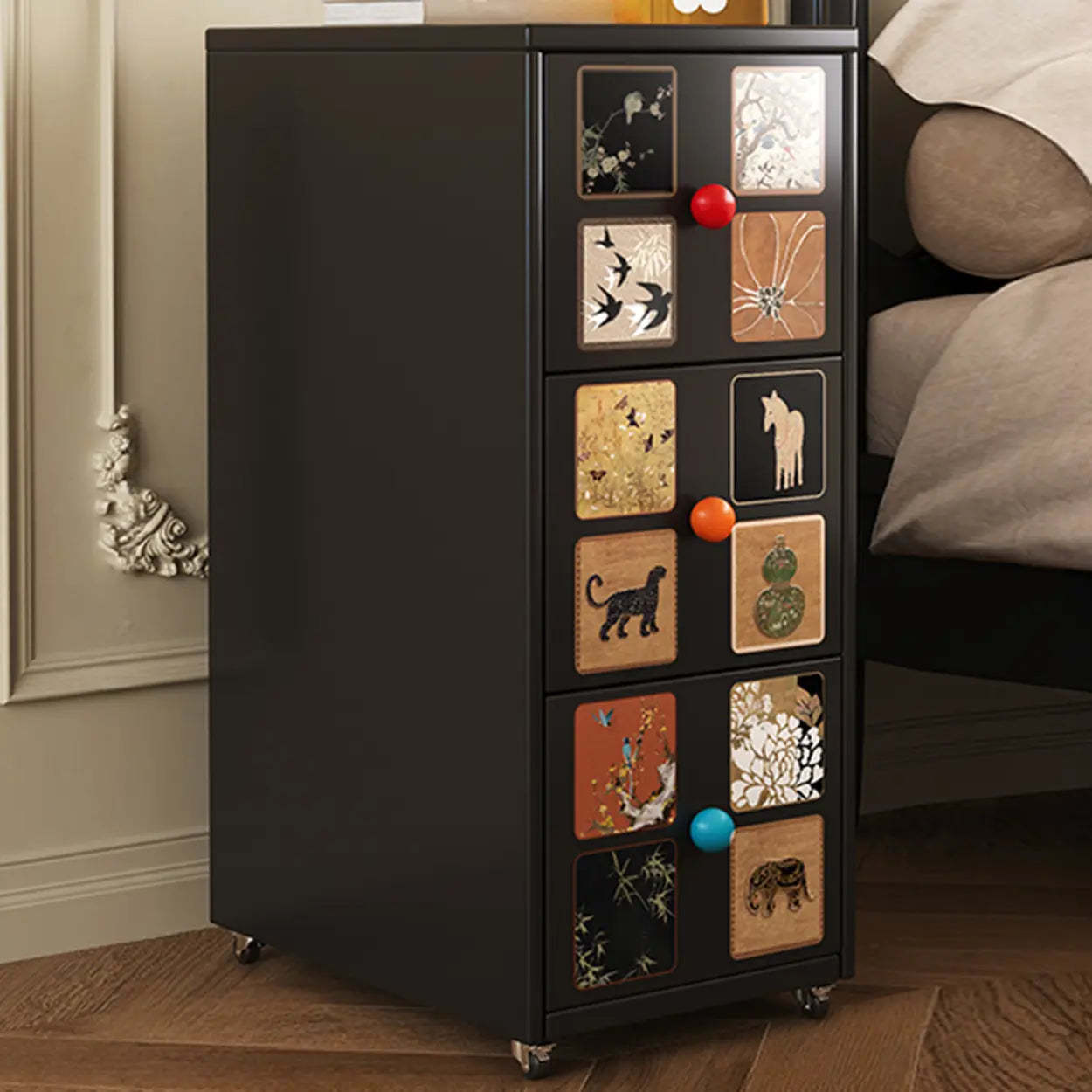 Vintage Black Art Pattern Metal Nightstand on Casters — Black-Brown