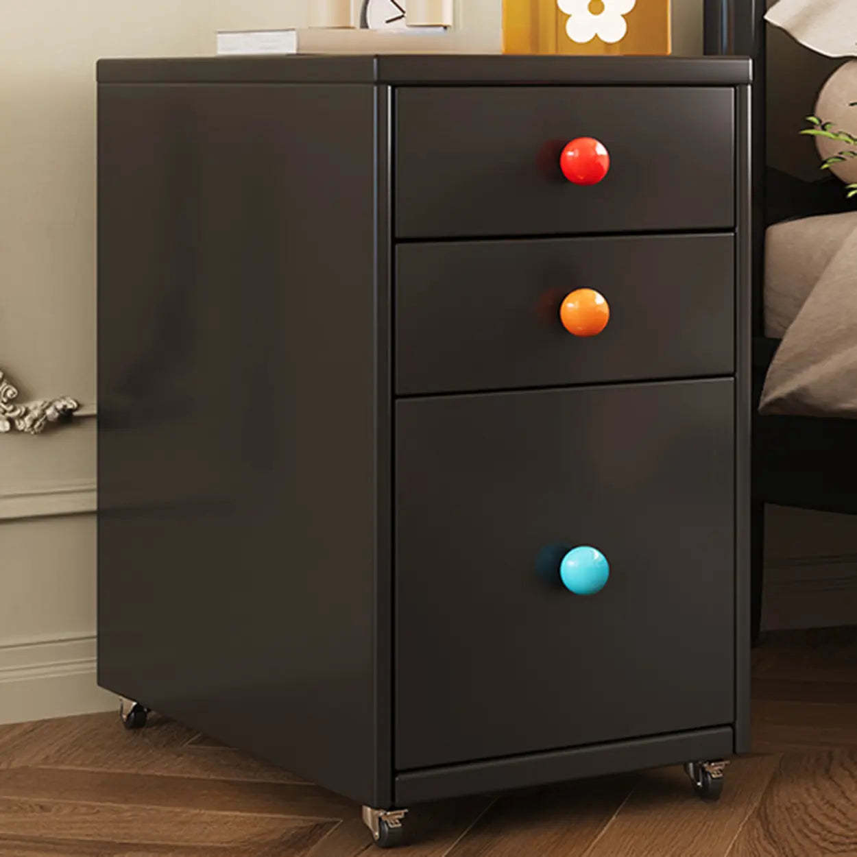 Vintage Black Art Pattern Metal Nightstand on Casters — White