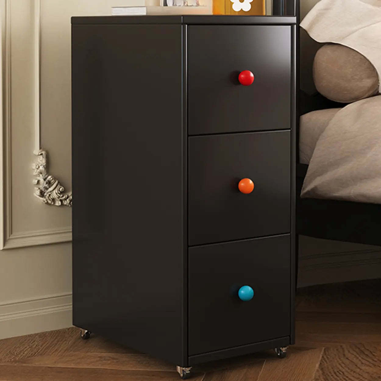 Black metal pattern casters nightstands - modern — 11"L x 16.1"W x 27.2"H
