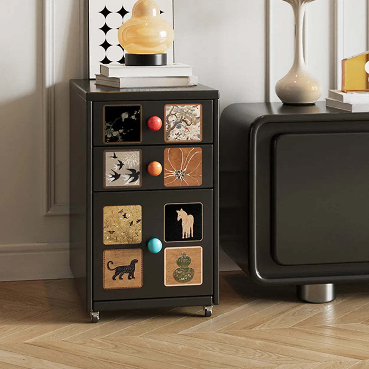 Vintage Black Art Pattern Metal Nightstand on Casters — White/ Multicolor