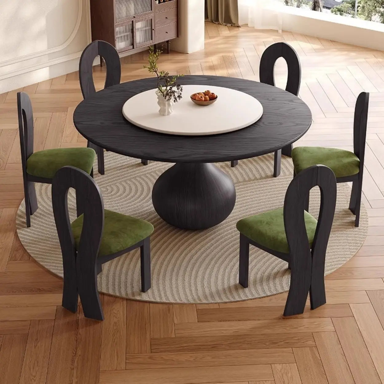 Vintage Black Lazy Susan Round Wood Dining Table — Table Only