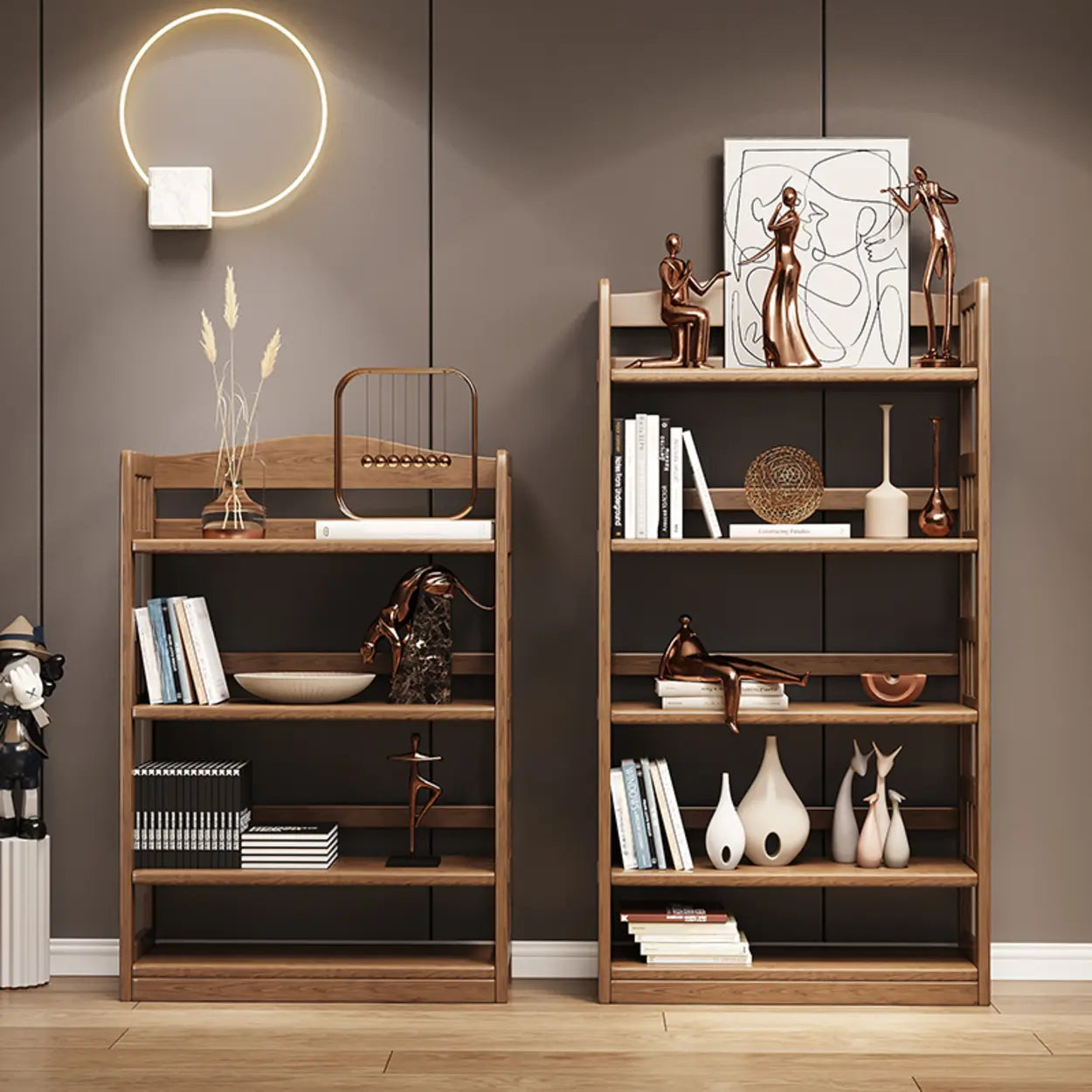 Modern vertical rubberwood brown bookcases, Lighom — 24" L x 12" W x 31" H