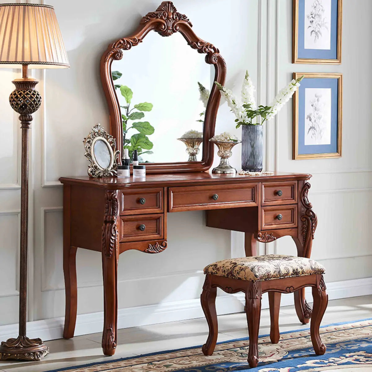 Vintage Carved Brown Wood 4-Drawer Vanity