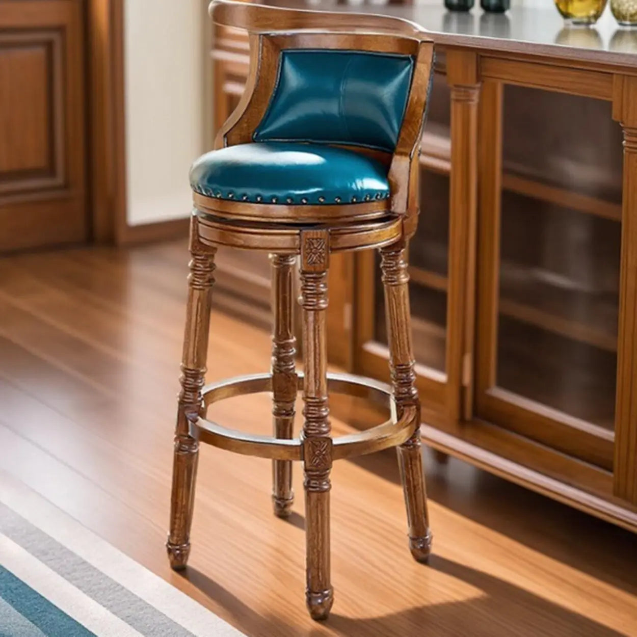 Vintage Wooden Upholstered Swivel Bar Stool