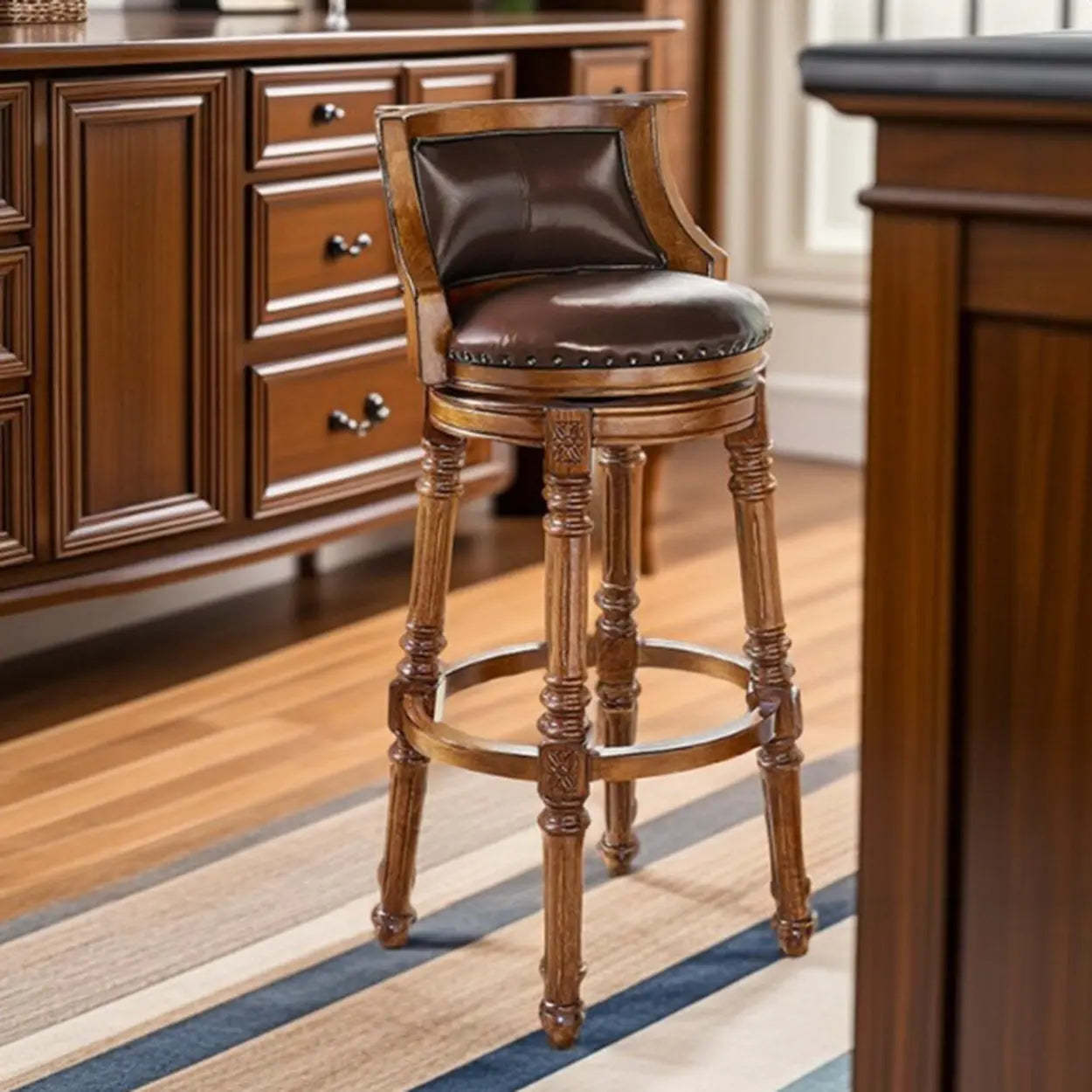 Vintage Wooden Upholstered Swivel Bar Stool — Blue
