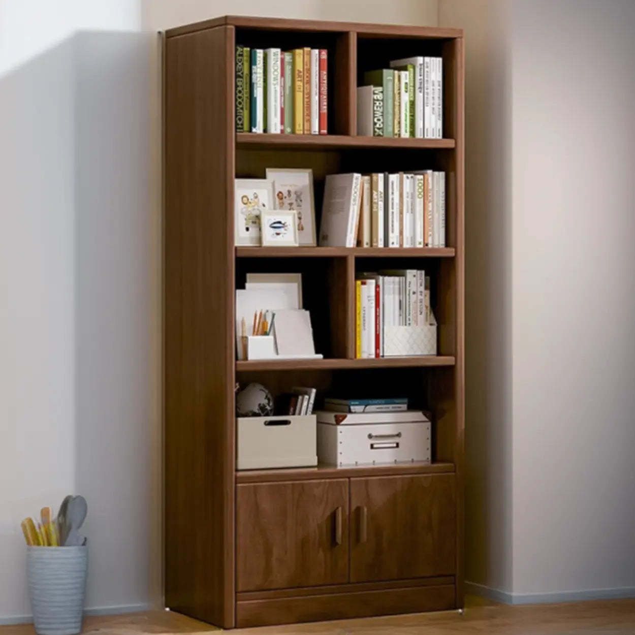 Vintage Brown Closed Vertical Timber Bookcase — Natural