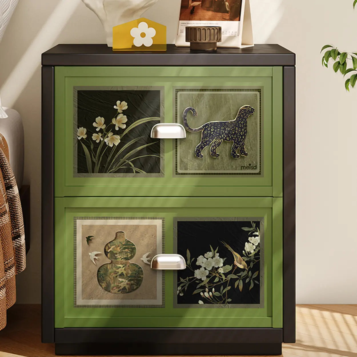 Vintage Green Nightstand with Artistic Panels — Black