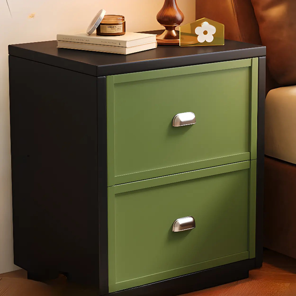 Vintage Green Nightstand with Artistic Panels — Black/ Green