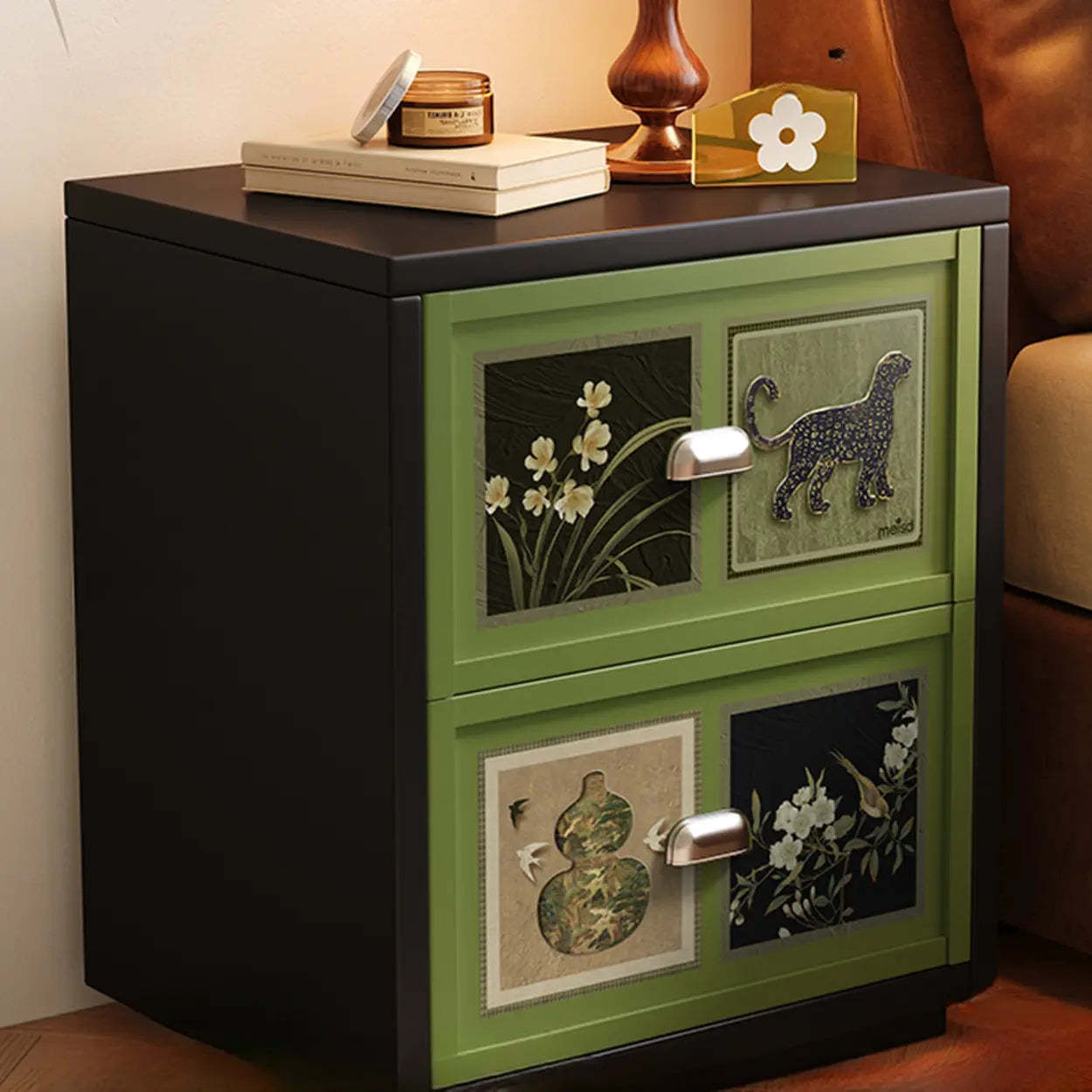 Lighom modern artistic panels green nightstands in metal glass wood