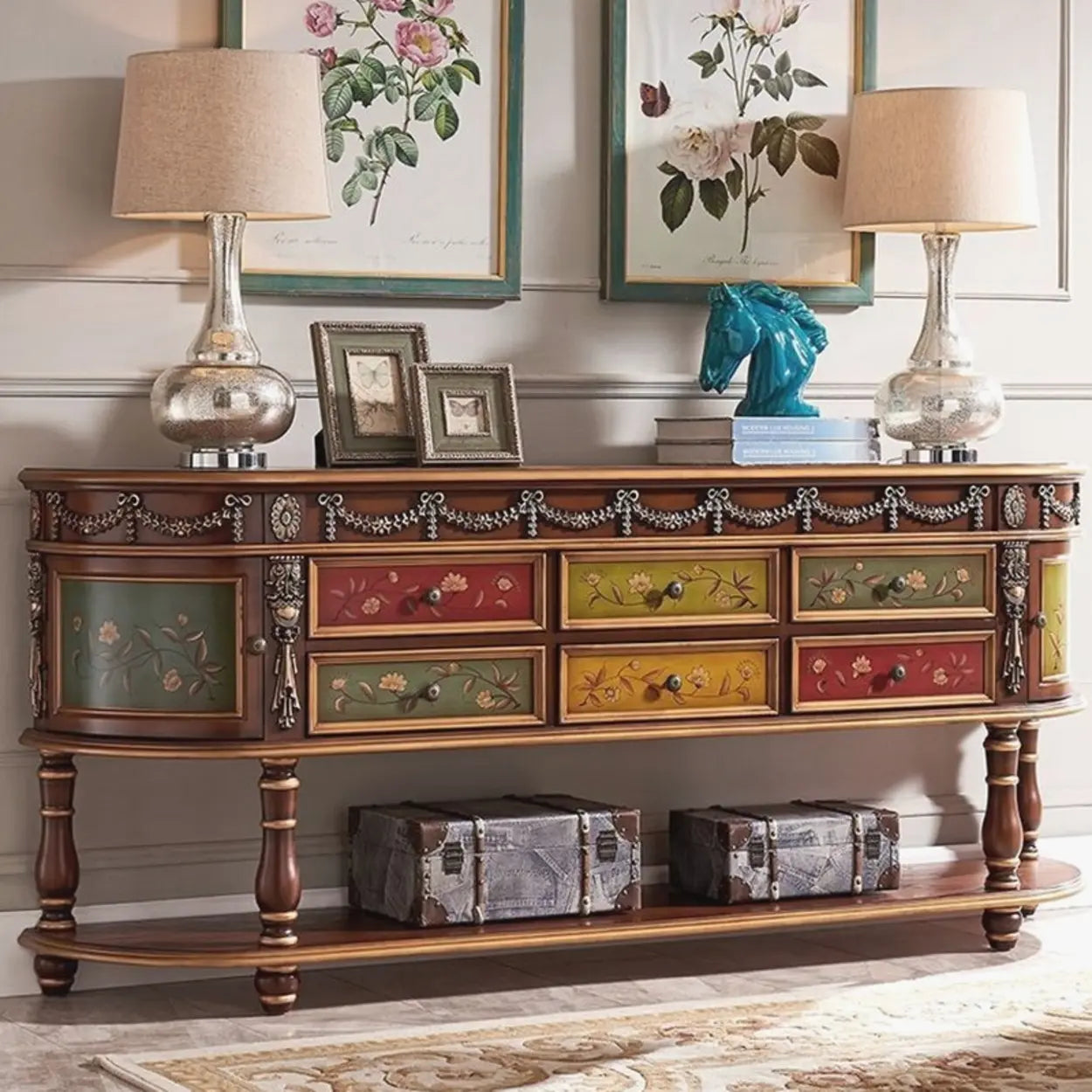 Vintage Half-Moon Floral Drawer Console Table
