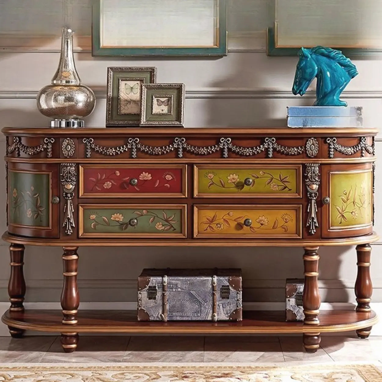 Vintage Half-Moon Floral Drawer Console Table — Off-White