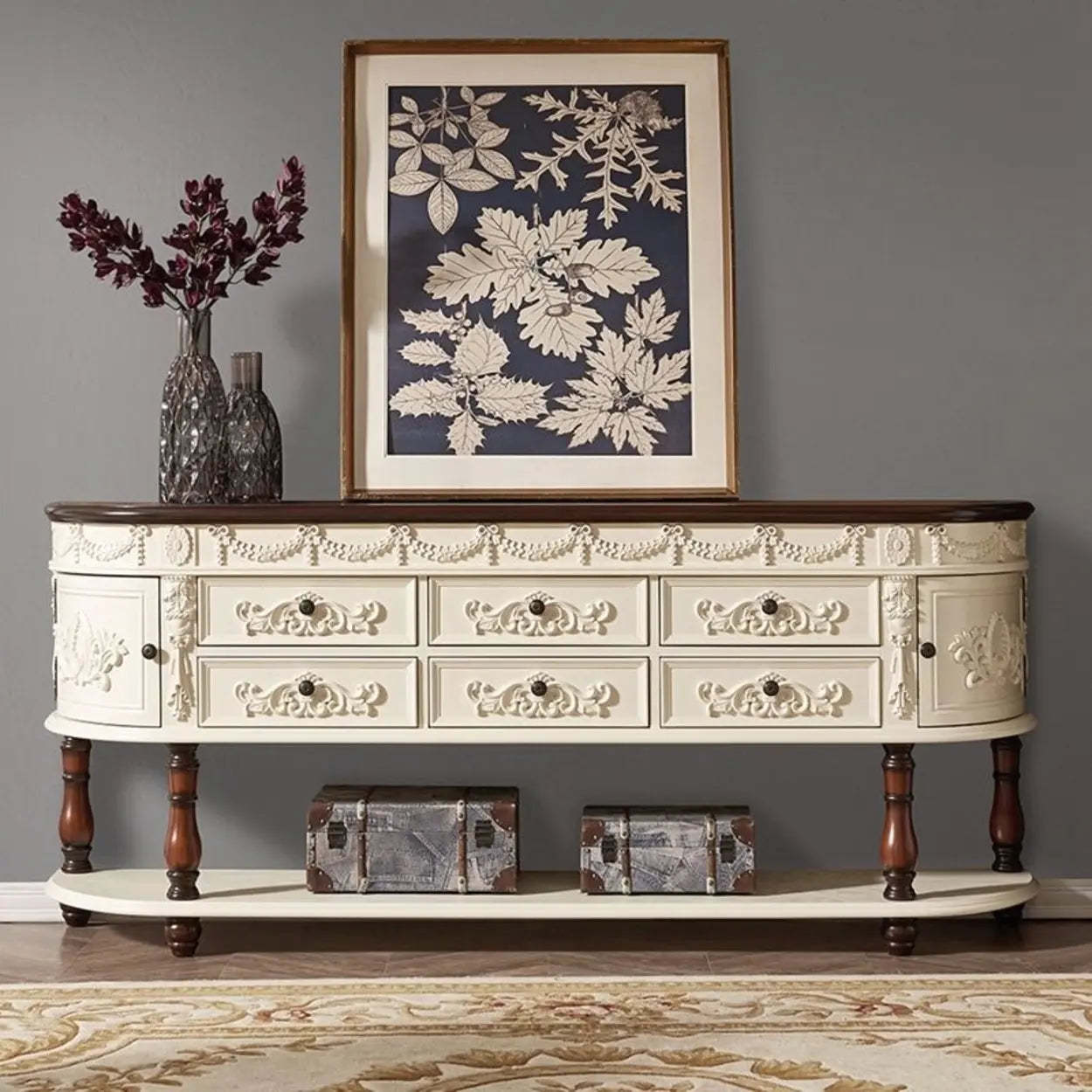 Vintage Half-Moon Floral Drawer Console Table — Off-White