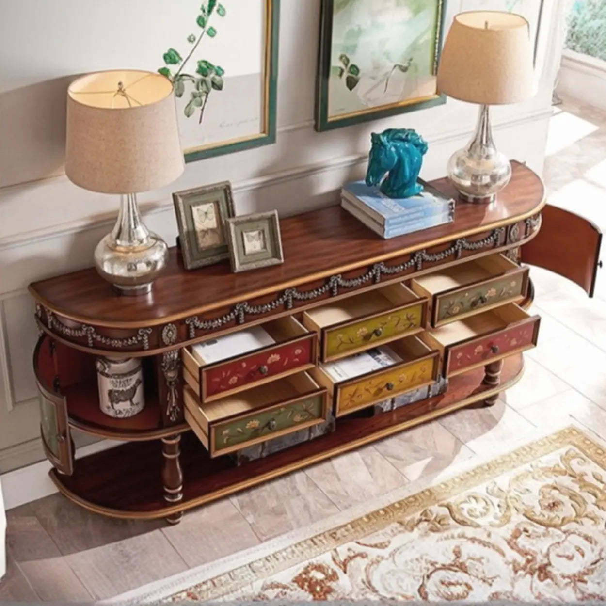 Vintage Half-Moon Floral Drawer Console Table — Dark Brown