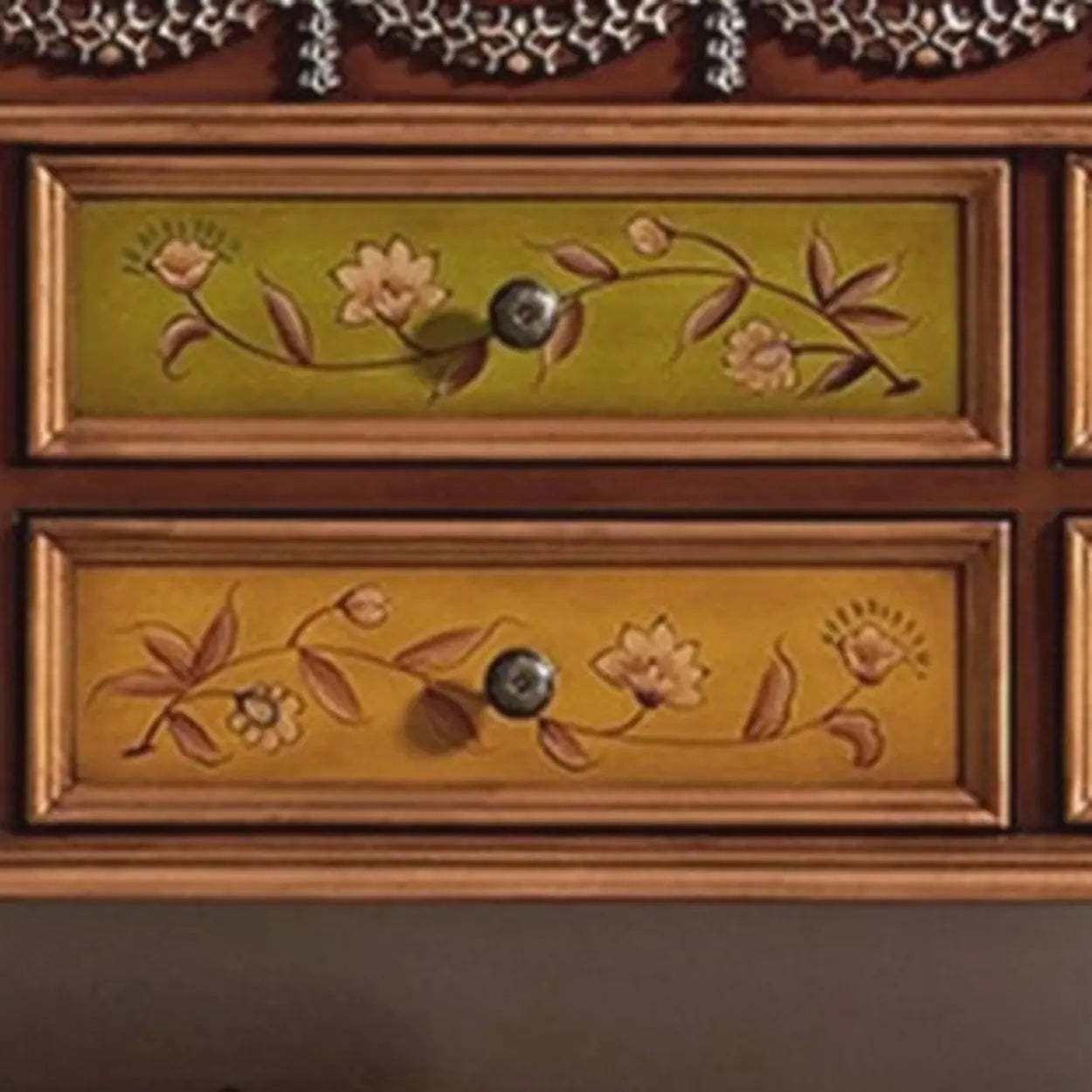 Vintage Half-Moon Floral Drawer Console Table — Dark Brown
