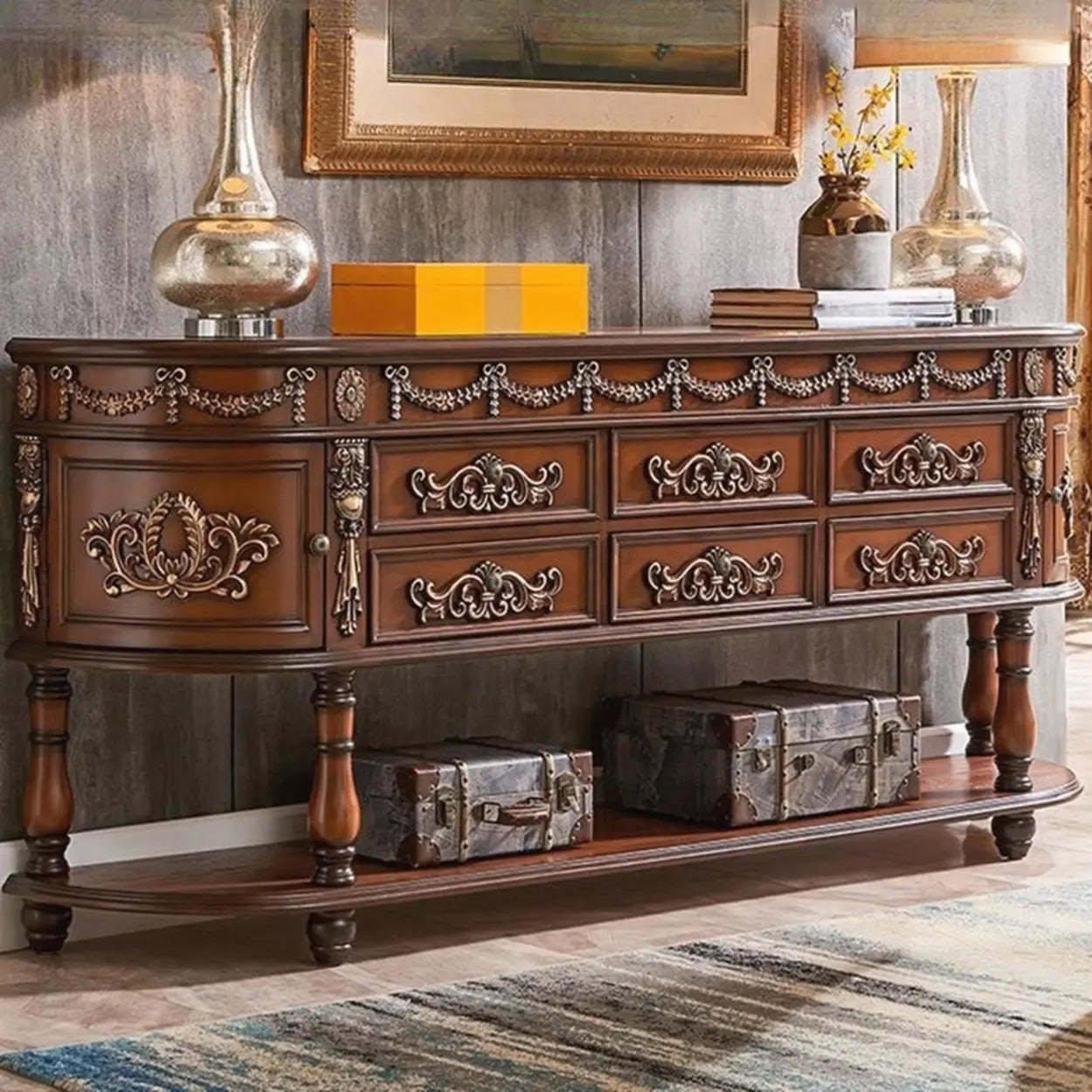 Vintage Half-Moon Floral Drawer Console Table — Dark Brown