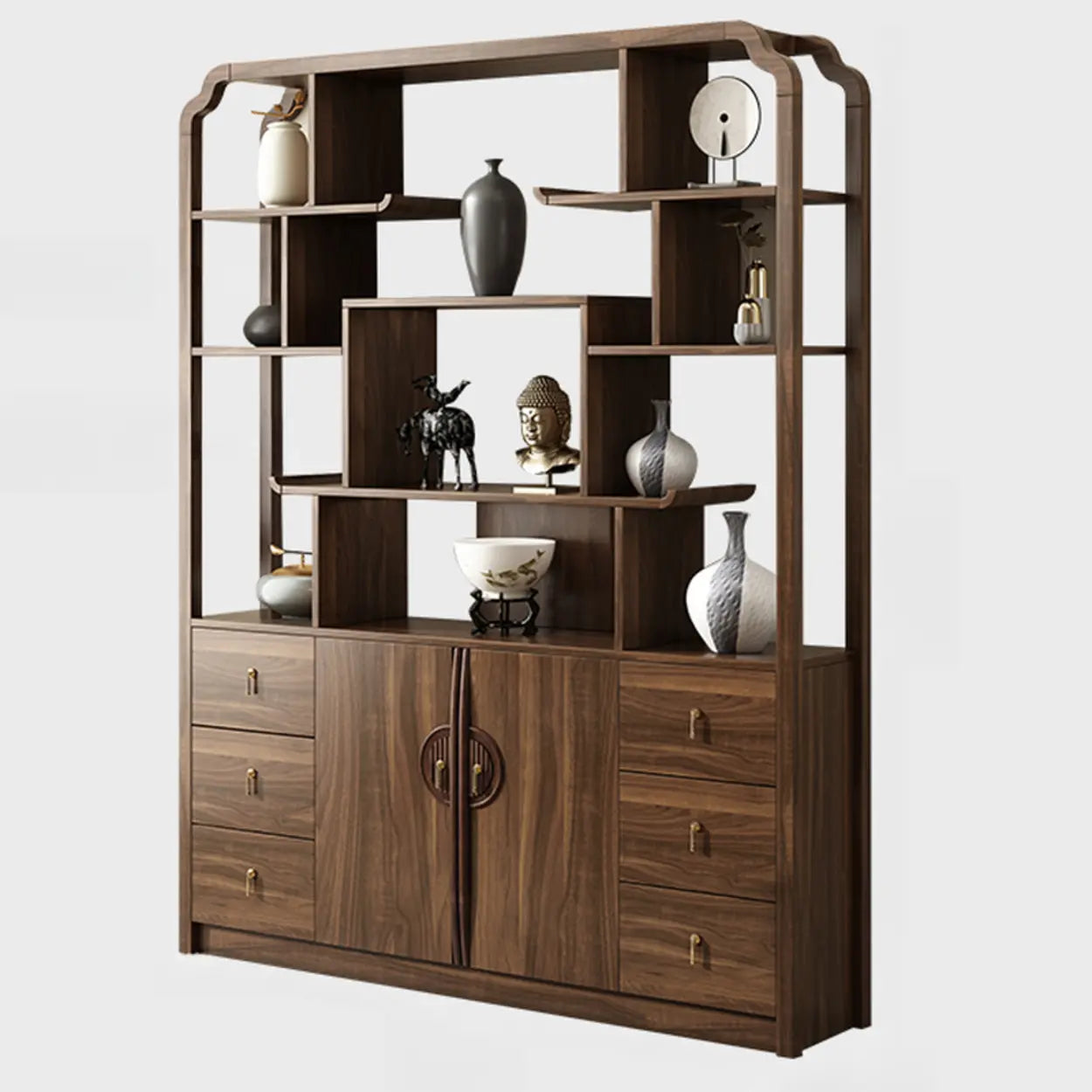 Vintage Open Brown Rubberwood Curio Cabinet — Right Drawer