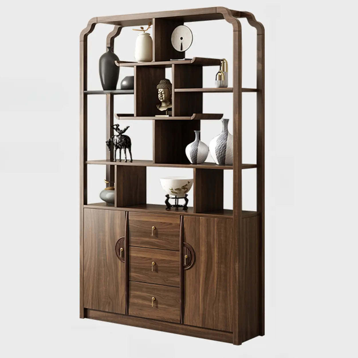 Vintage Open Brown Rubberwood Curio Cabinet — Left Drawer