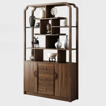 Vintage Open Brown Rubberwood Curio Cabinet — Left Drawer