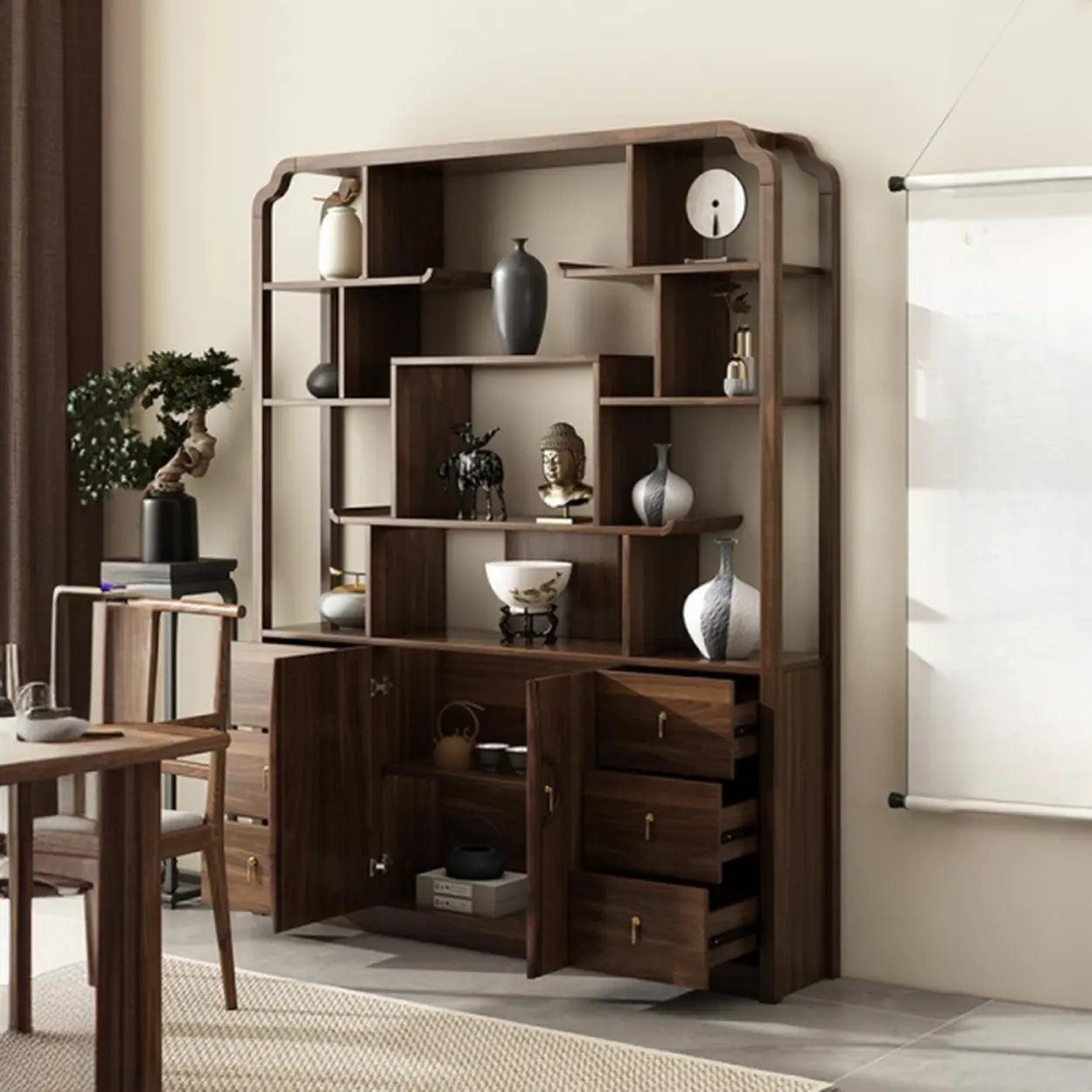 Vintage Open Brown Rubberwood Curio Cabinet — Middle Drawer