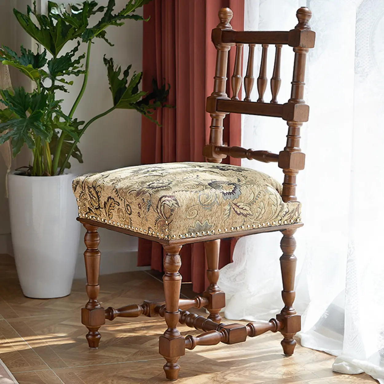 Vintage Pattern Armless Slat-Back Birch Dining Chair