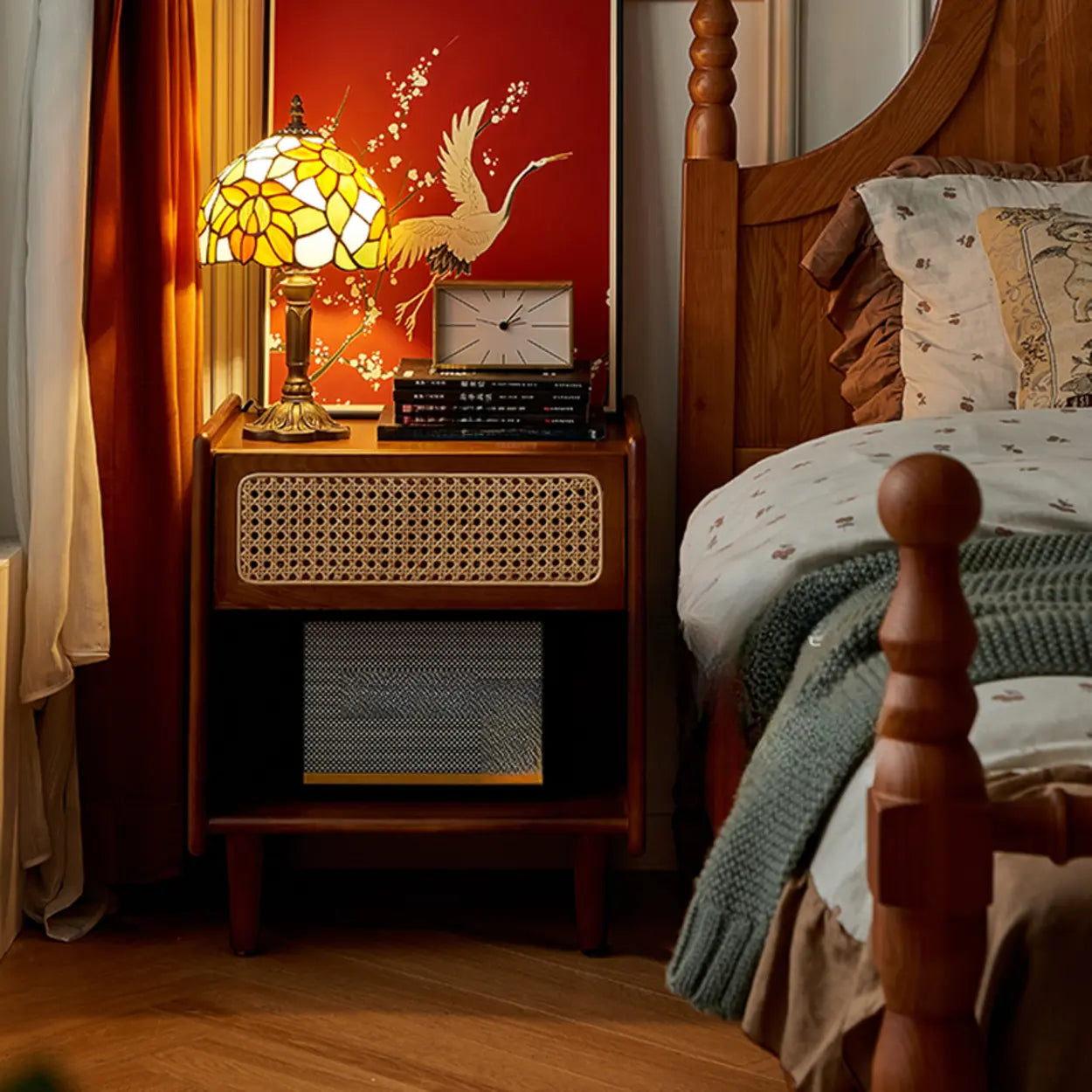 Vintage Rattan Wood Nightstand with Open Shelf