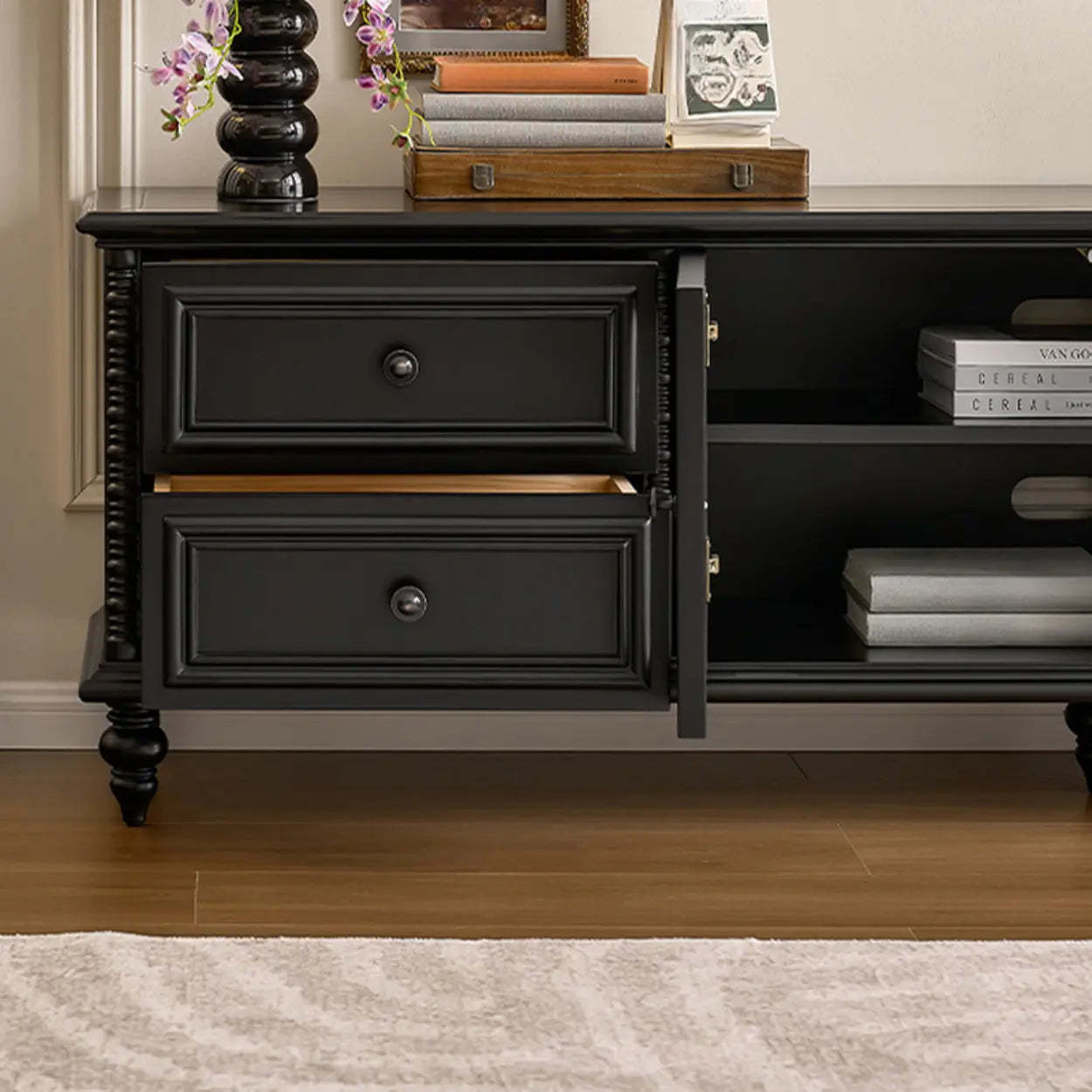 Vintage Rectangular Black TV Stand with Cabinet — White