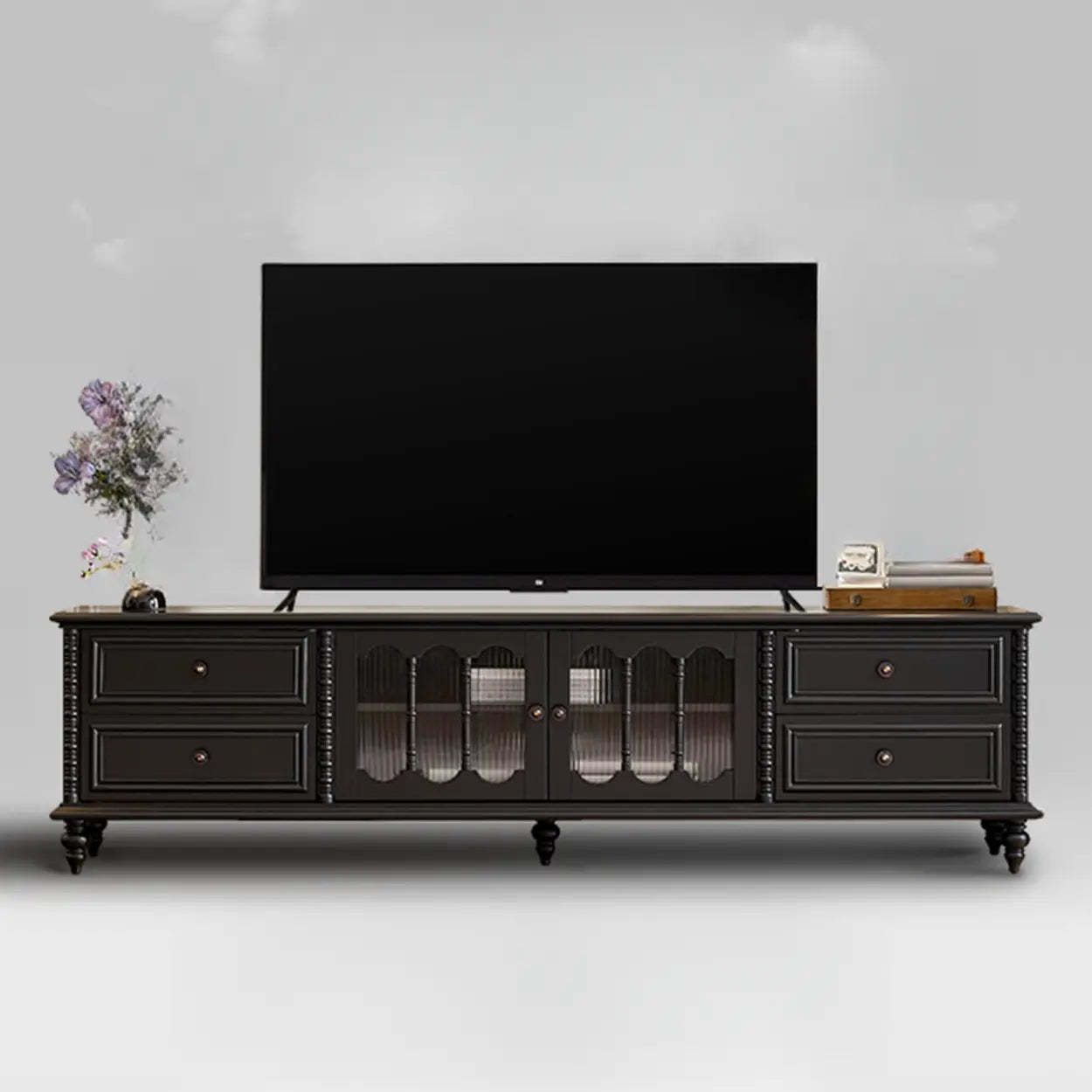 Vintage Rectangular Black TV Stand with Cabinet