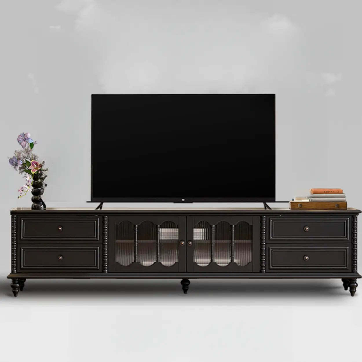 Vintage Rectangular Black TV Stand with Cabinet