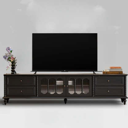 Vintage Rectangular Black TV Stand with Cabinet