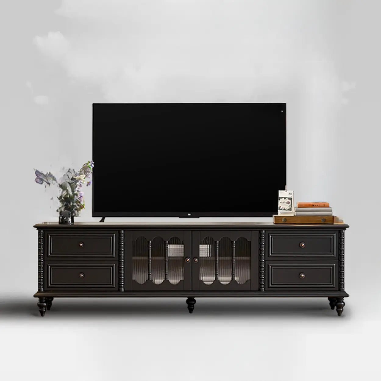 Vintage Rectangular Black TV Stand with Cabinet — Black