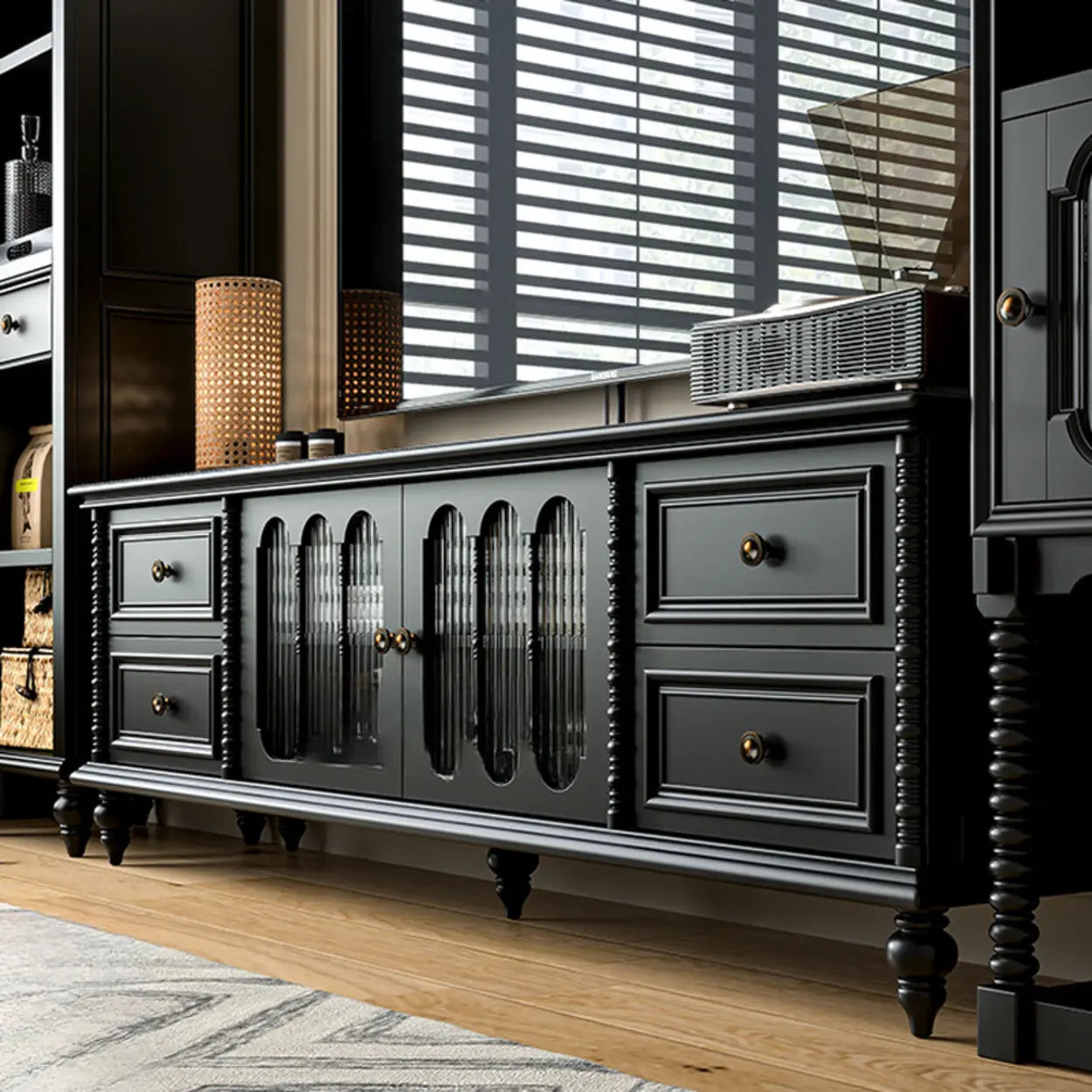 Vintage Rectangular Black TV Stand with Cabinet — Black