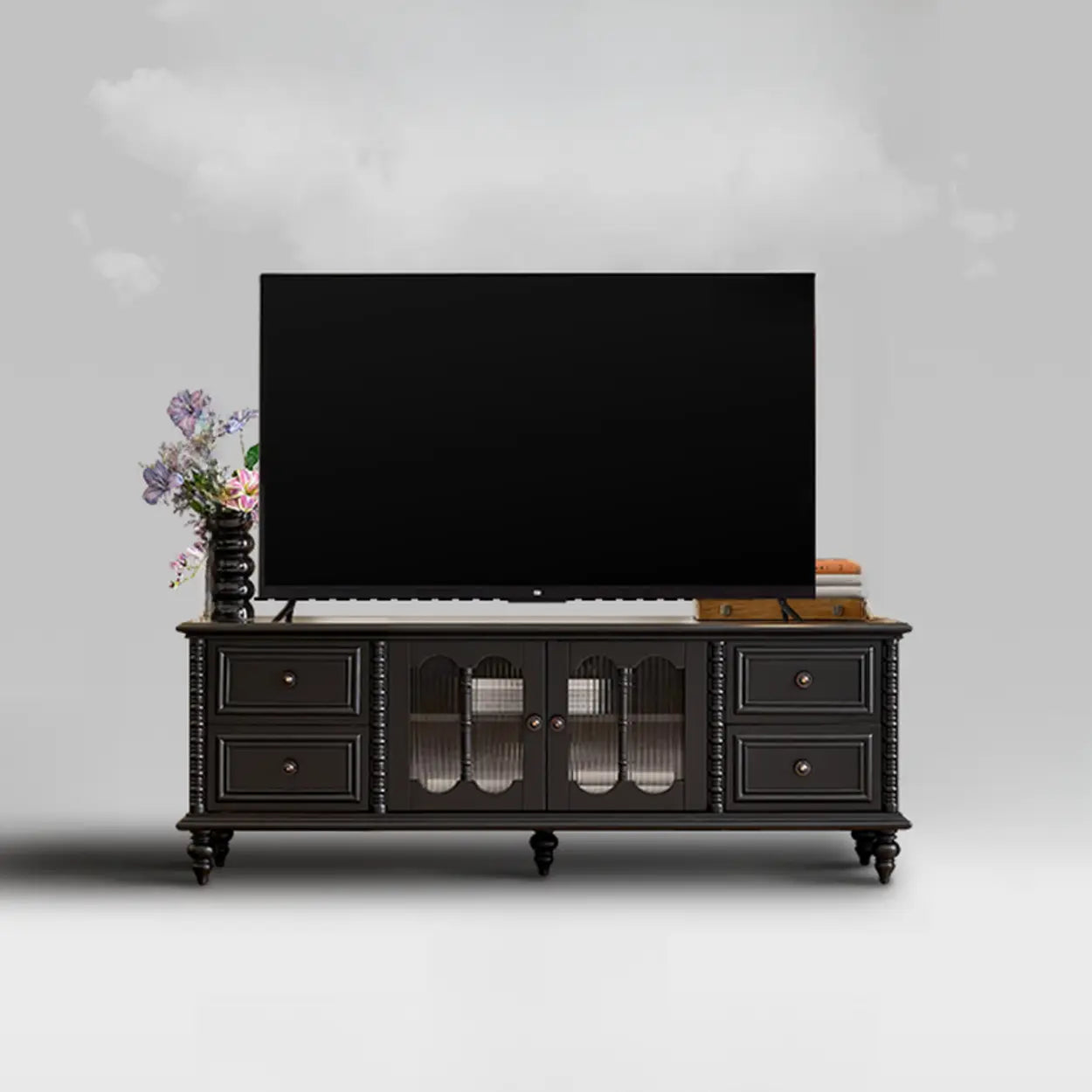 Vintage Rectangular Black TV Stand with Cabinet — Black