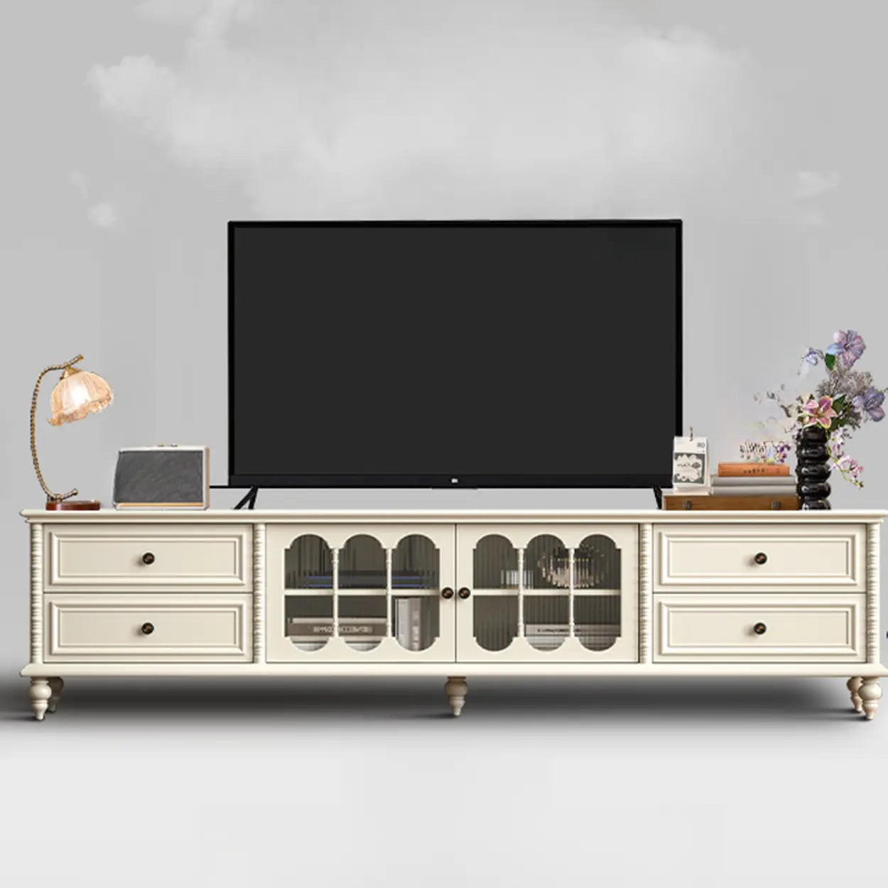 Vintage Rectangular Black TV Stand with Cabinet — White