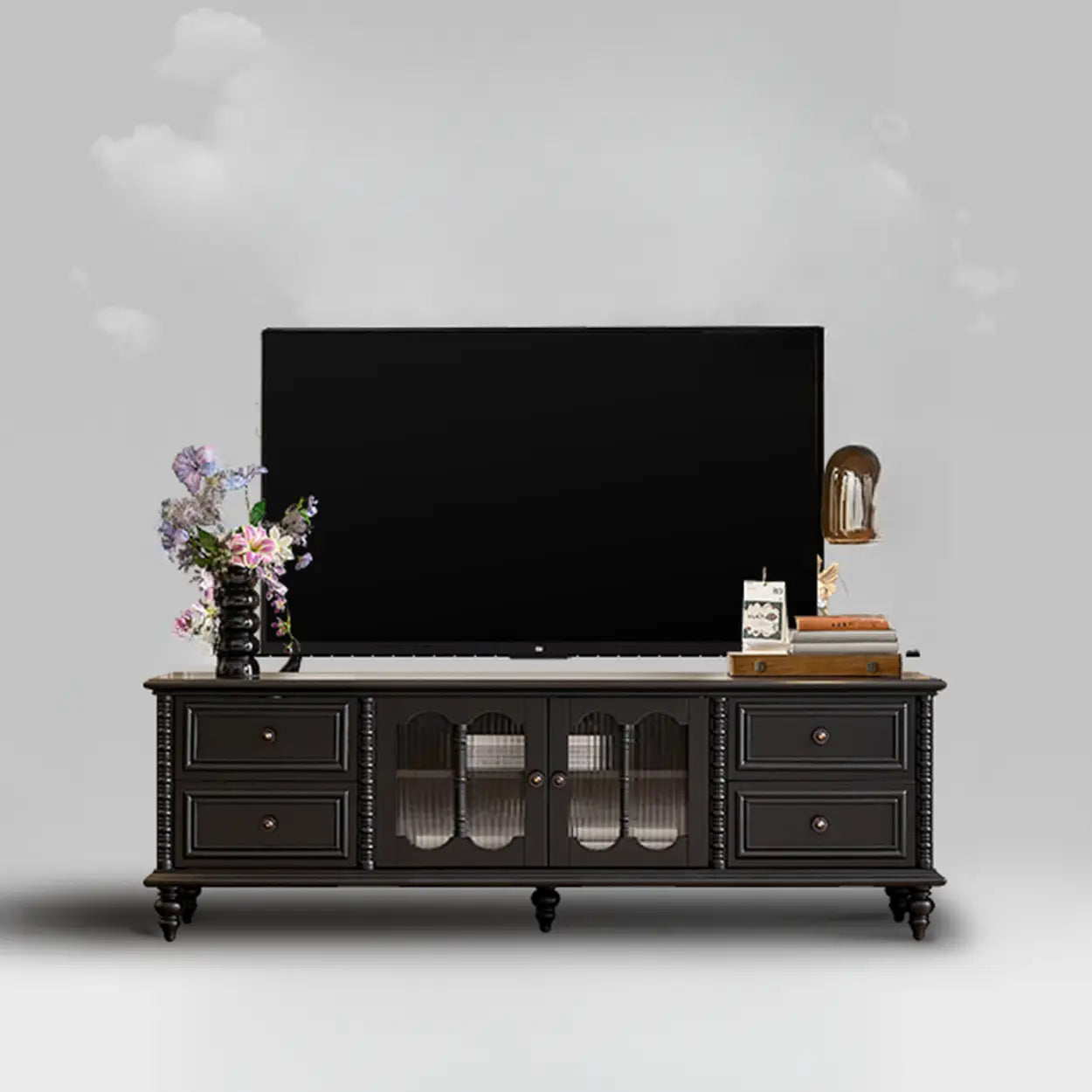 Vintage Rectangular Black TV Stand with Cabinet — White
