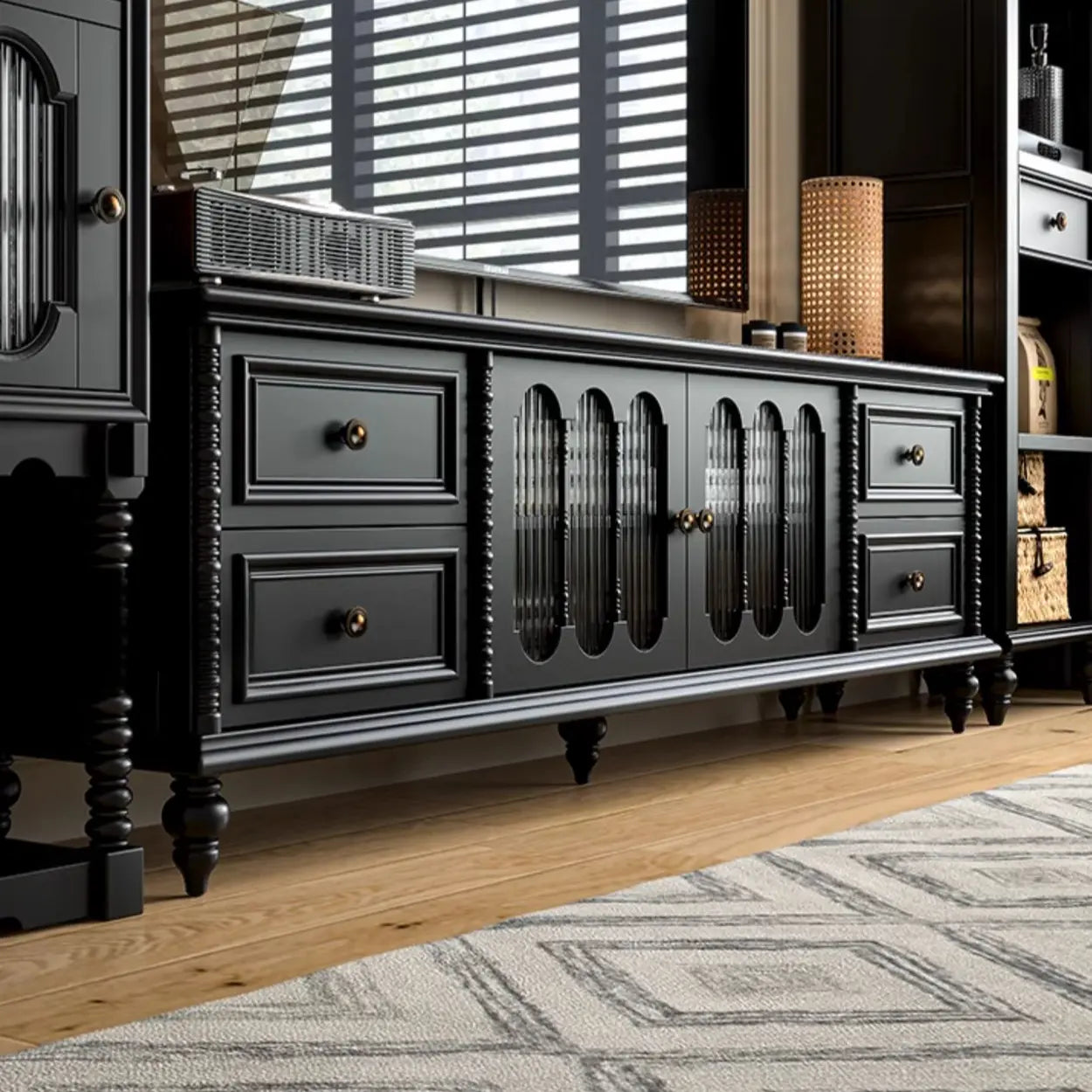 Vintage Rectangular Black TV Stand with Cabinet — White