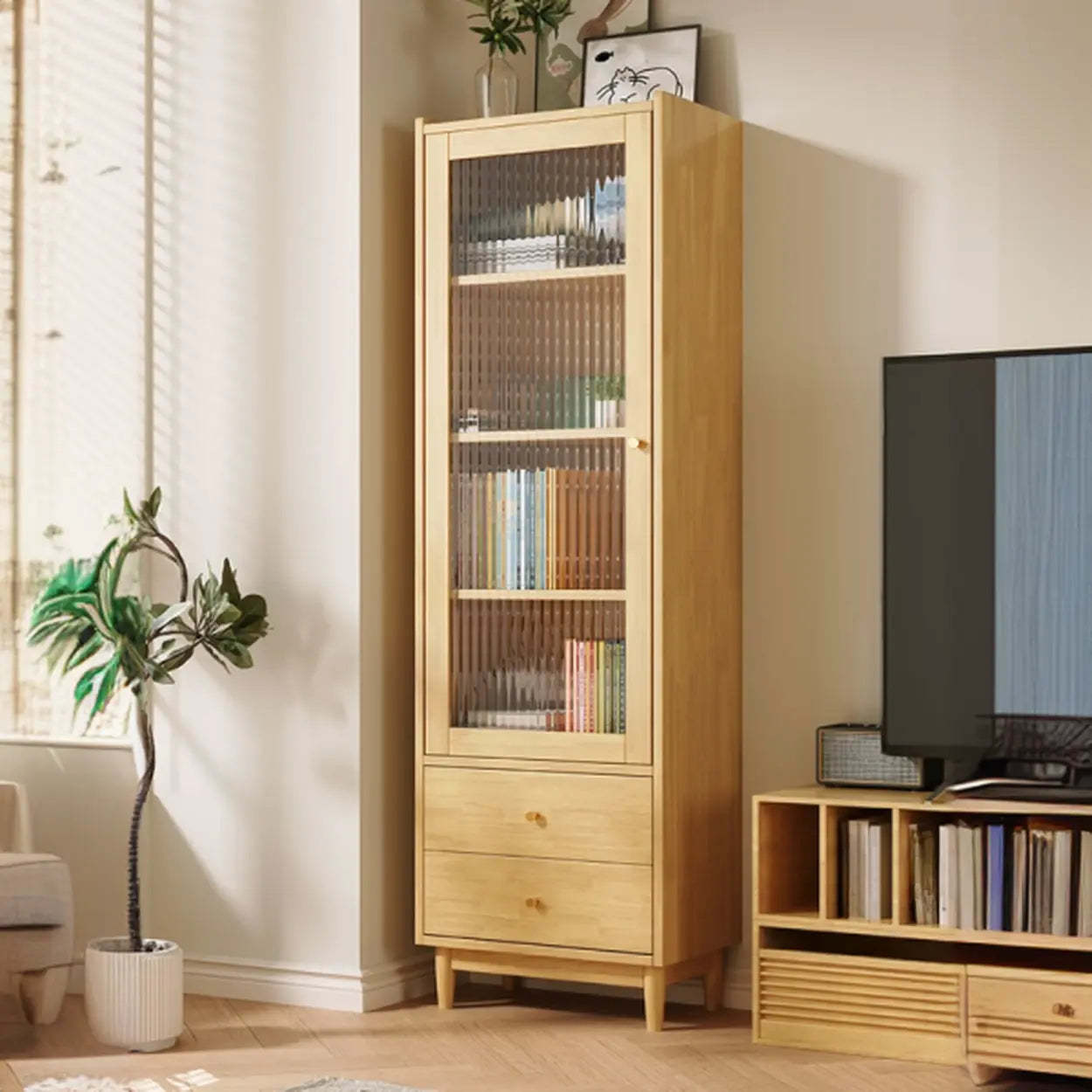 Vintage Rectangular Wood Vertical Cabinet Bookcase — Natural