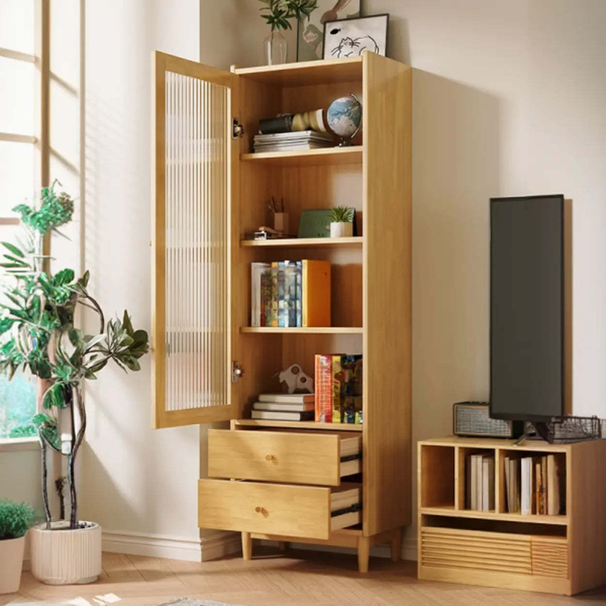 Vintage Rectangular Wood Vertical Cabinet Bookcase — Natural