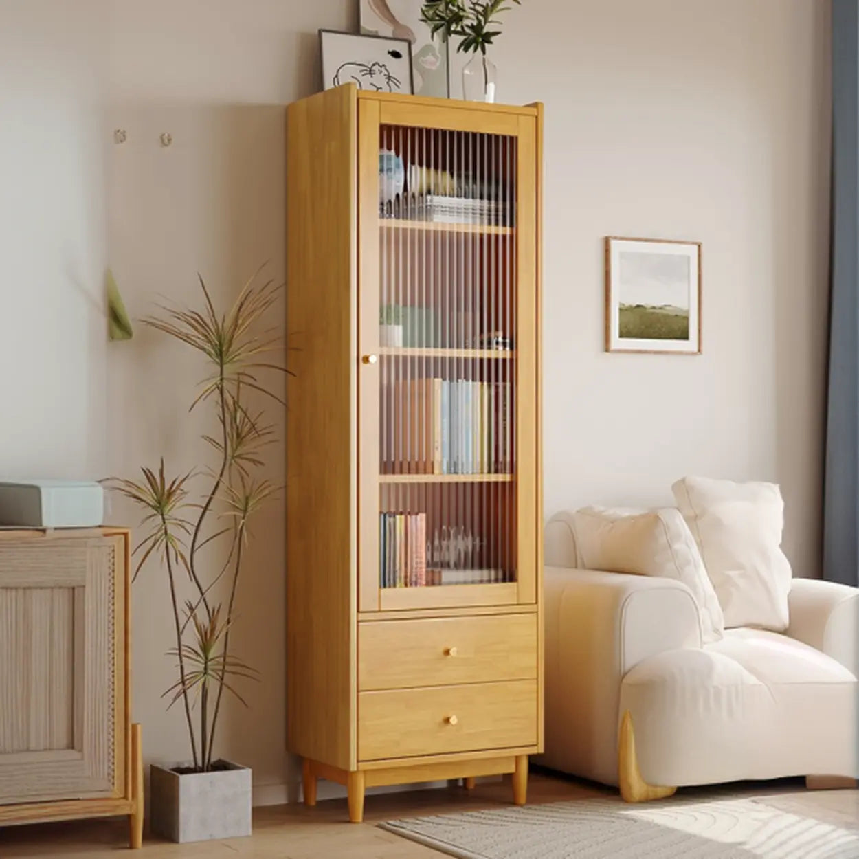 Vintage Rectangular Wood Vertical Cabinet Bookcase — Nut-Brown