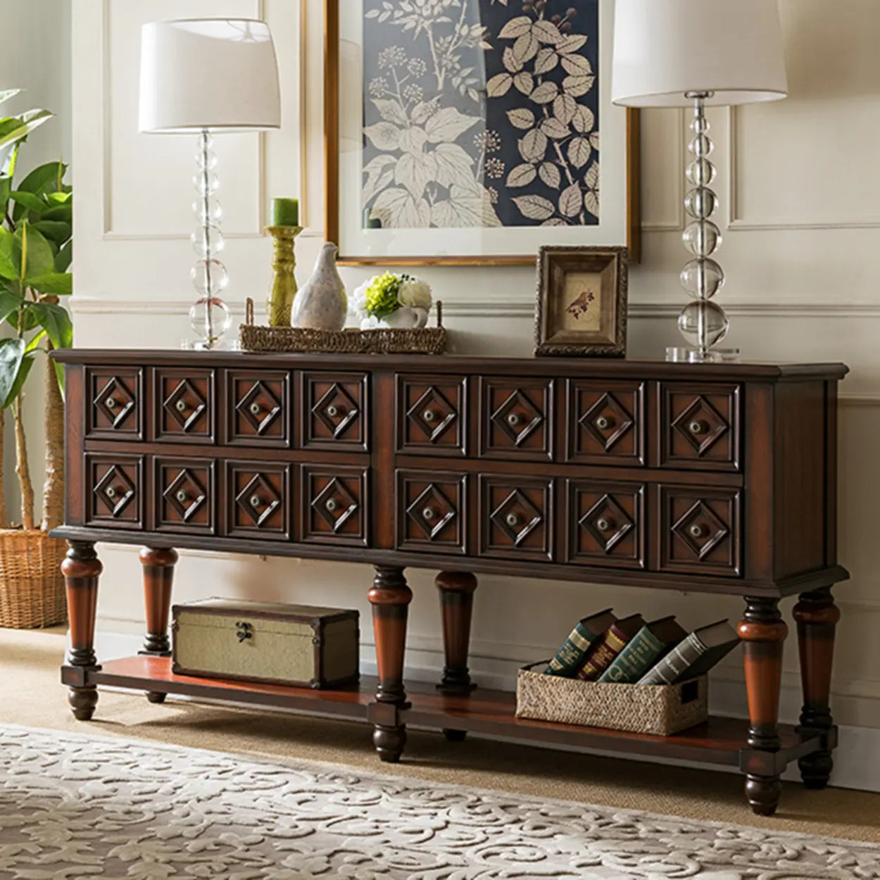 Vintage Rectangular Wooden Storage Console Table