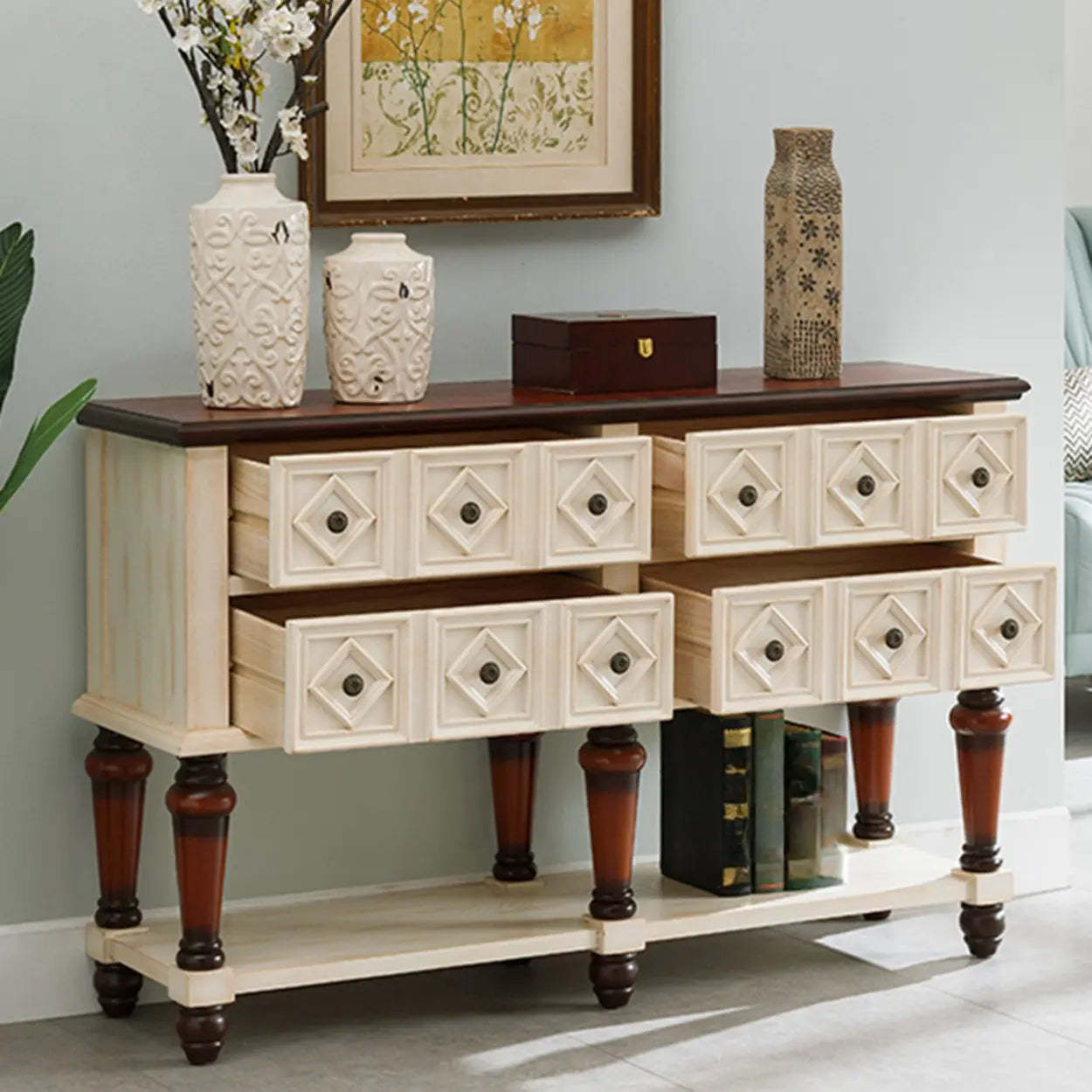 Vintage Rectangular Wooden Storage Console Table