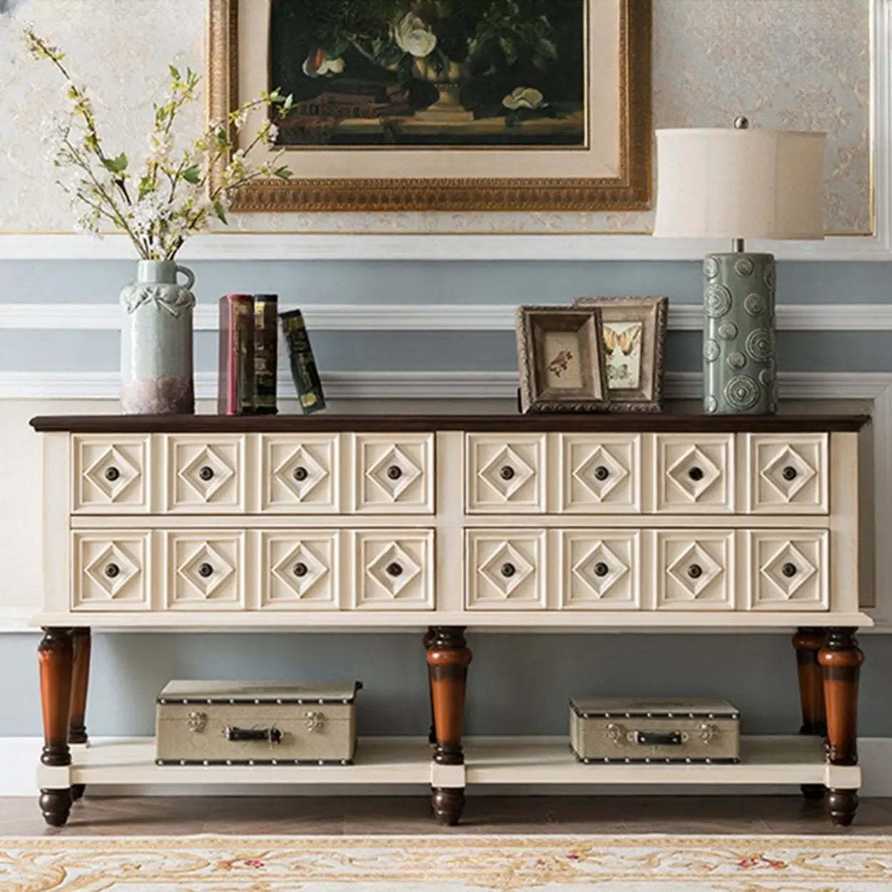 Vintage Rectangular Wooden Storage Console Table