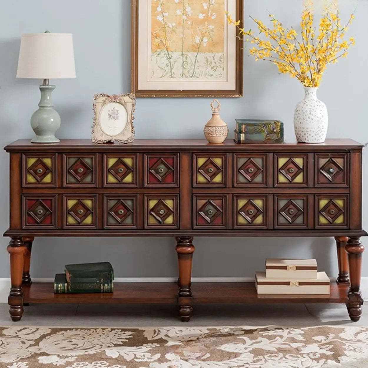 Vintage Rectangular Wooden Storage Console Table — Brown