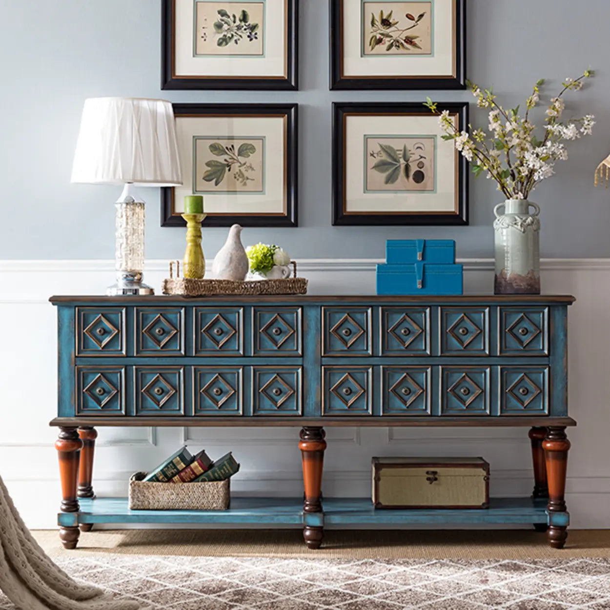 Vintage Rectangular Wooden Storage Console Table — Brown/ White