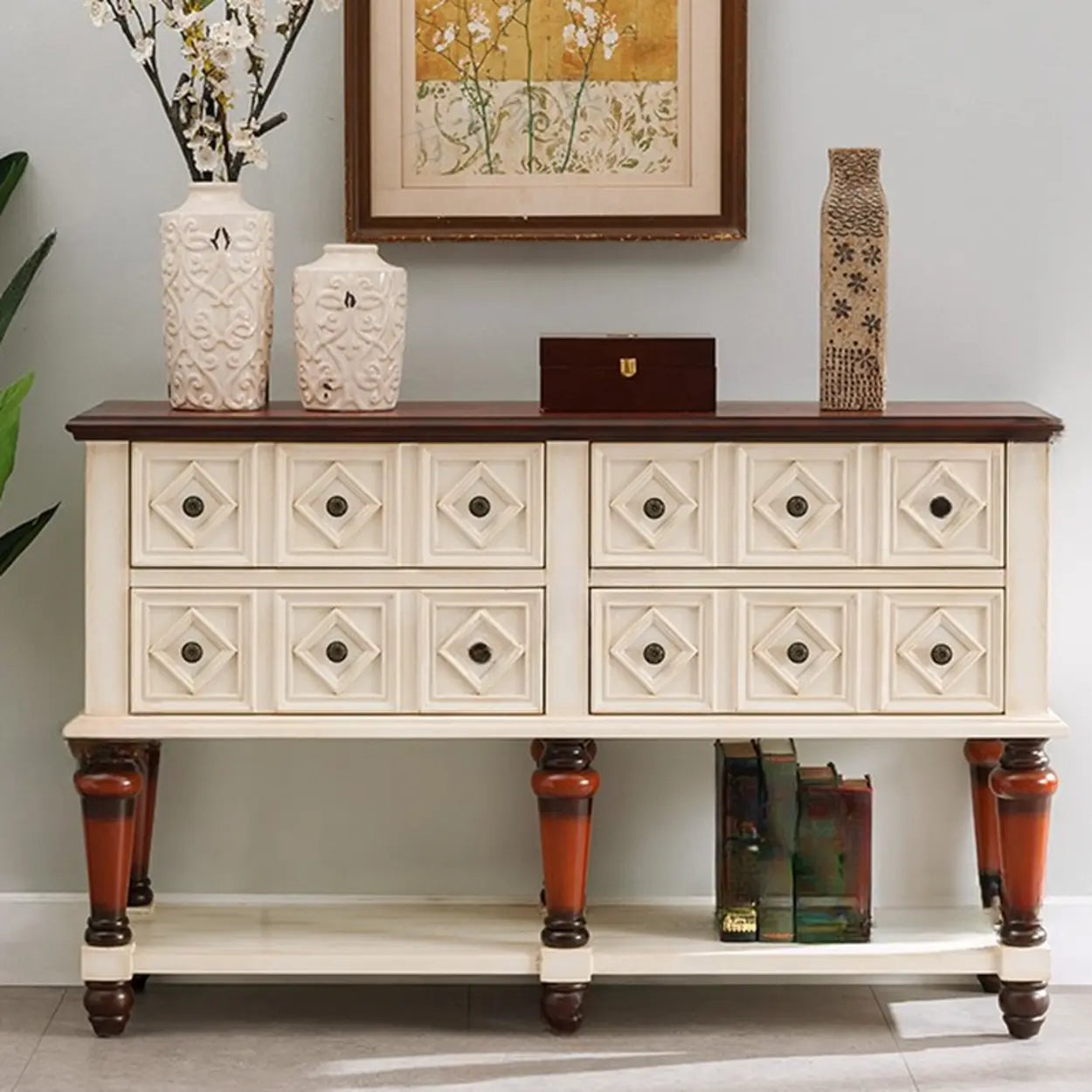 Vintage Rectangular Wooden Storage Console Table