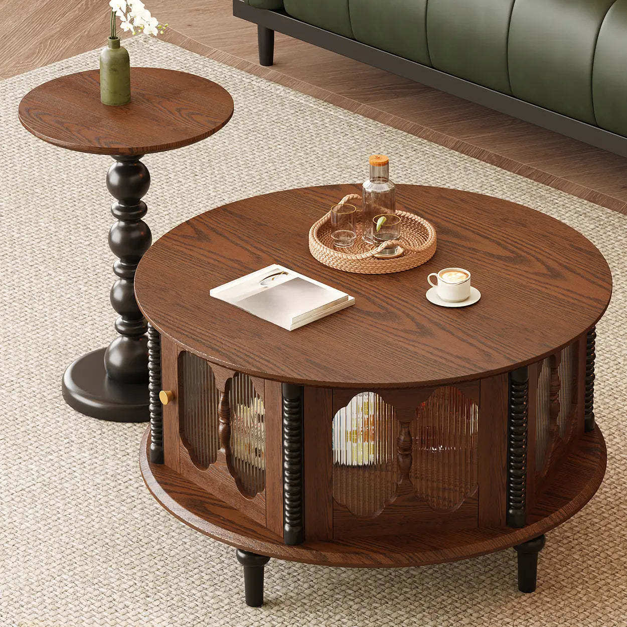 Vintage Round Wood Coffee Table Set with Shelf