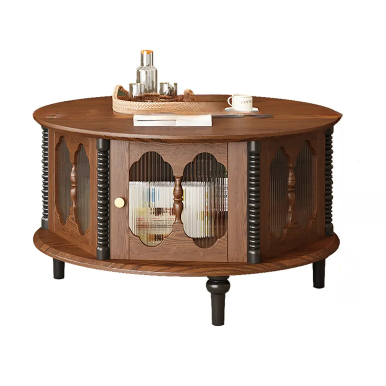 Modern set round coffee tables in wood — 31" L x 31" W x 19" H